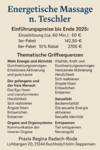 Erlebe die wohltuende Wirkung der Energetischen Massage nach Teschler in meiner Praxis in Buchholz/Holm-Seppensen