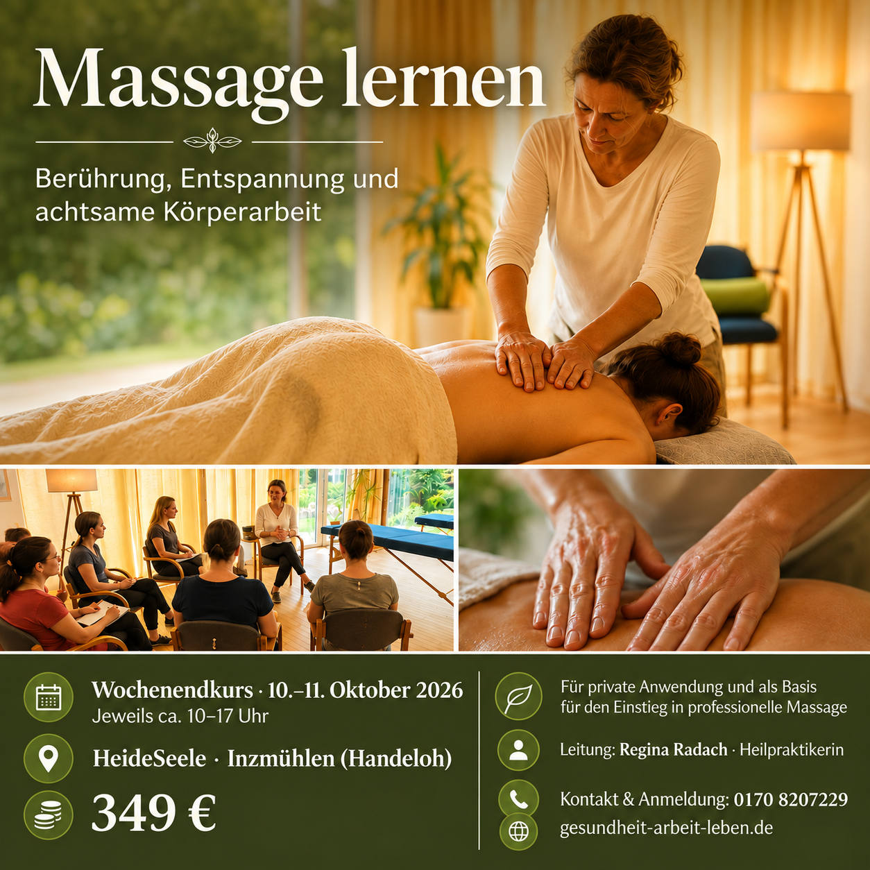 Massagekurs mit praktischer Rückenmassage und Unterricht in einer kleinen Gruppe. Am 10.–11. Oktober 2026 in der HeideSeele in Inzmühlen, ca. 10–17 Uhr, 349 €. Anmeldung: 0170 8207229.